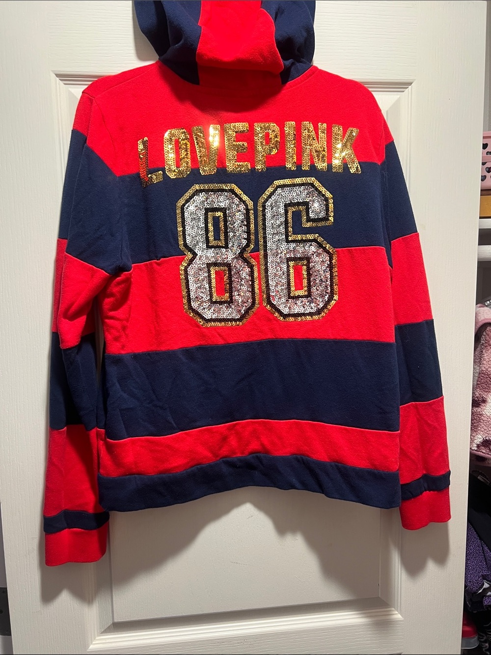 PINK Victoria's Secret Red and Navy Striped Sequin Hoodie
